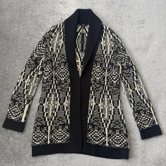 Talbots Sweater Womens Large Petite Black Beige Open Front Cardigan Shawl Collar - Picture 1 of 7
